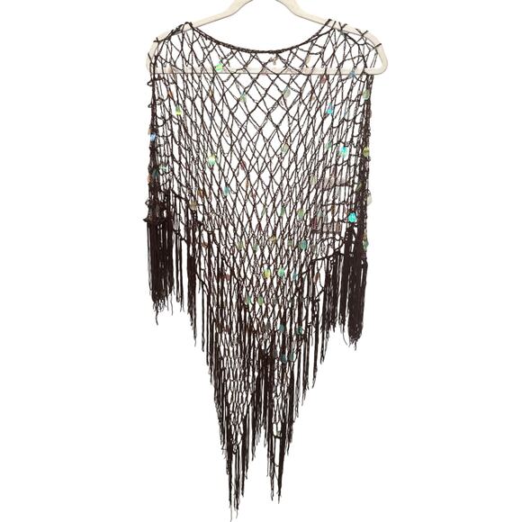 Womens Unbranded Brown Open Knit Crochet Fishnet Poncho Shawl Sequin Fringe - Picture 3 of 3
